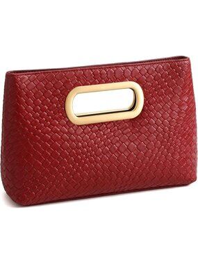 Womens Burgundy Clutch Handbag Modern Faux Leather with Metal Handle Evening Bag